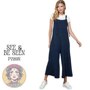 P7189N SEE & BE SEEN Navy Textured Cropped Wide Leg Jumper Overalls